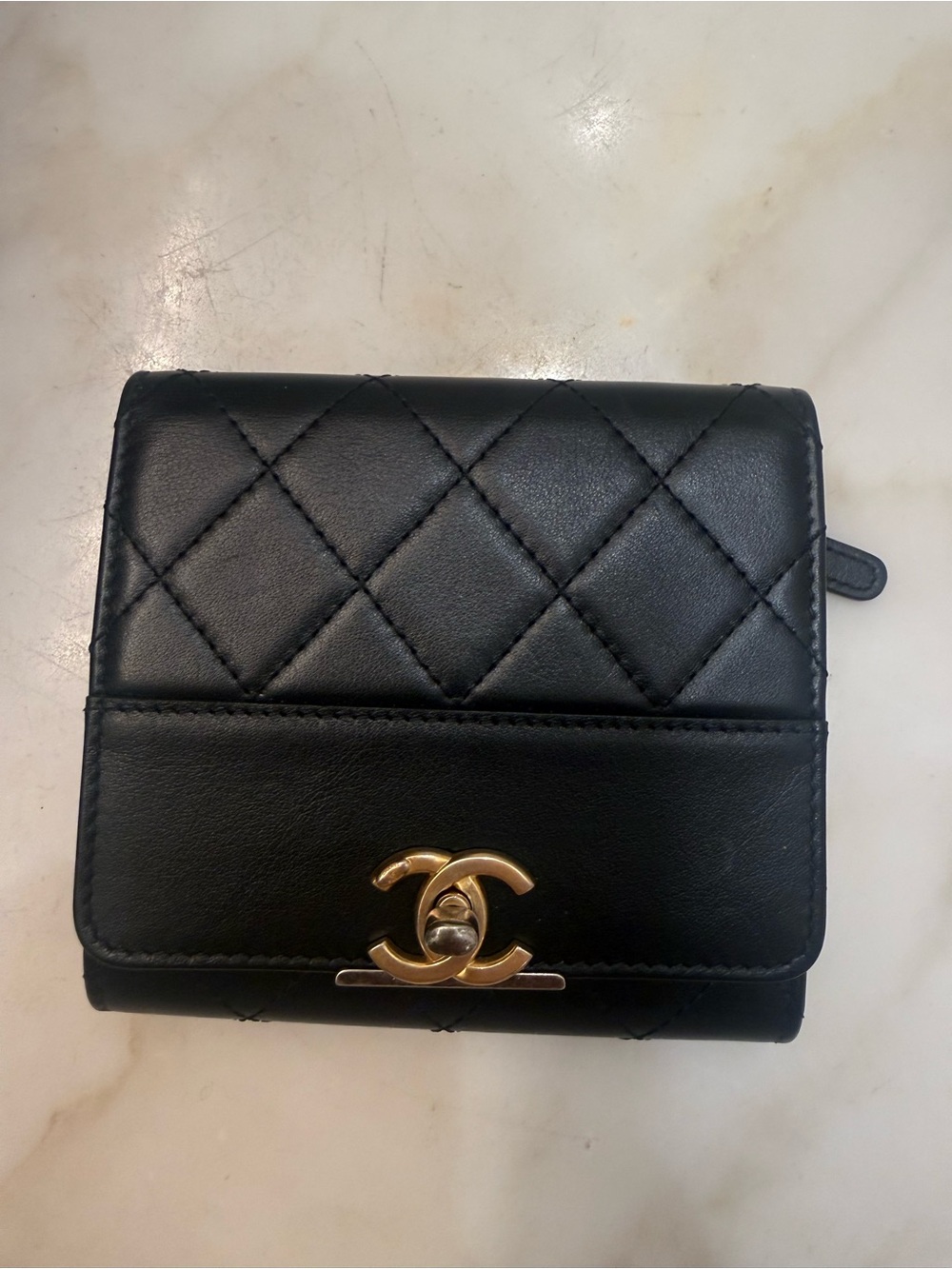 CHANEL Black Quilted Leather Wallet with Gold CC Twist Lock